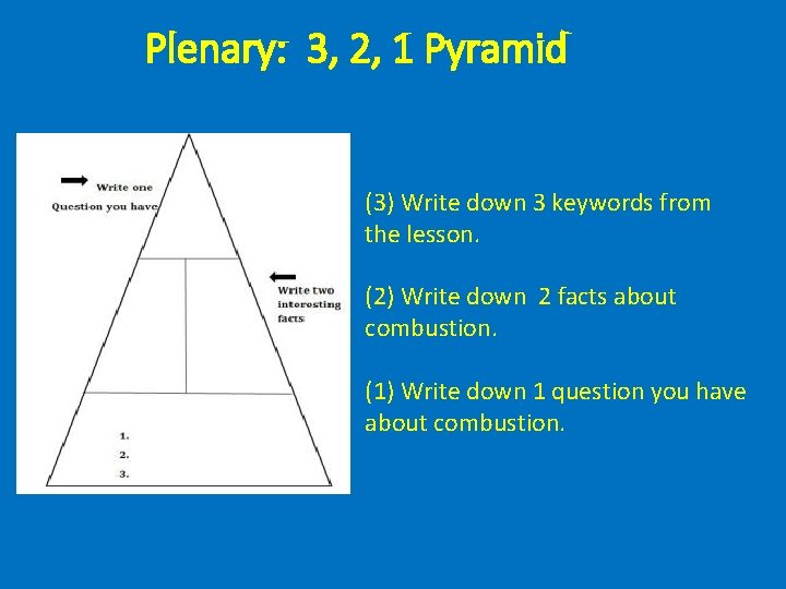 Plenary: 3, 2, 1 Pyramid (3) Write down 3 keywords from the lesson. (2)
