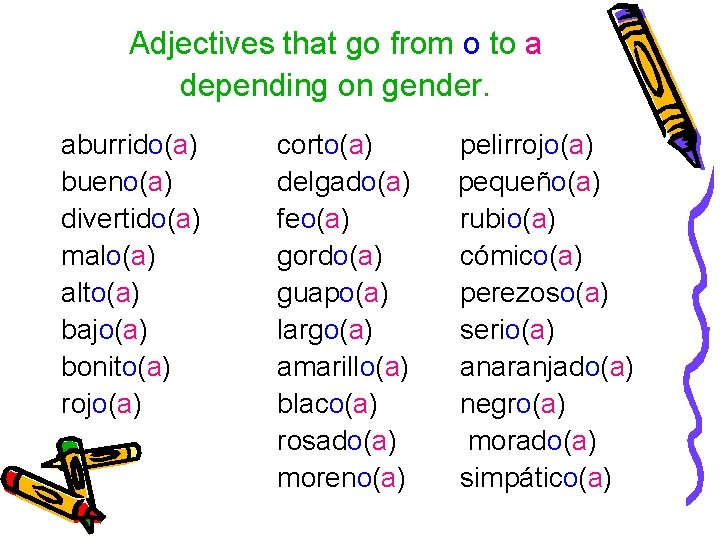 Adjectives that go from o to a depending on gender. aburrido(a) bueno(a) divertido(a) malo(a)