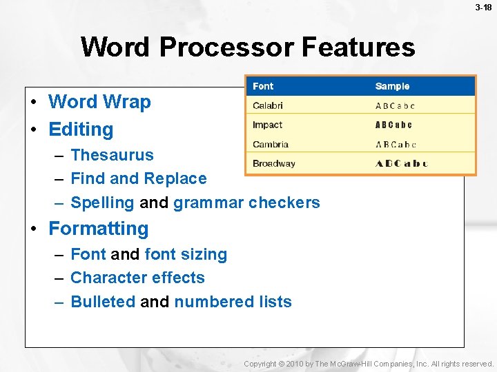 3 -18 Word Processor Features • Word Wrap • Editing – Thesaurus – Find