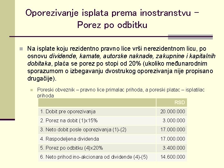 Oporezivanje isplata prema inostranstvu Porez po odbitku n Na isplate koju rezidentno pravno lice