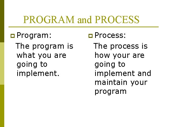 PROGRAM and PROCESS p Program: The program is what you are going to implement. PROGRAM and PROCESS p Program: The program is what you are going to implement.