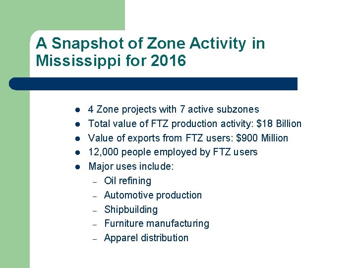 A Snapshot of Zone Activity in Mississippi for 2016 l l l 4 Zone