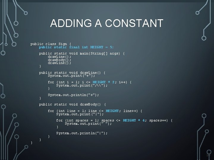 ADDING A CONSTANT public class Sign { public static final int HEIGHT = 5;