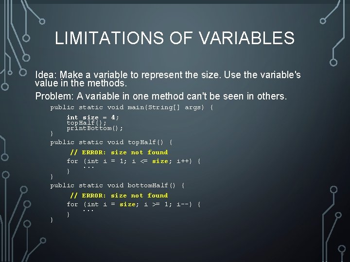 LIMITATIONS OF VARIABLES Idea: Make a variable to represent the size. Use the variable's