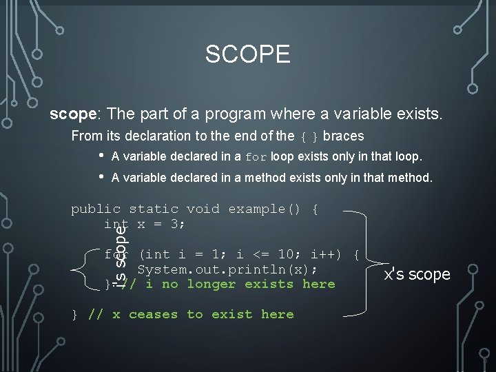 SCOPE scope: The part of a program where a variable exists. From its declaration