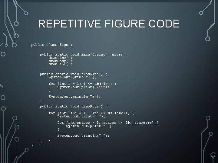 REPETITIVE FIGURE CODE public class Sign { public static void main(String[] args) { draw.