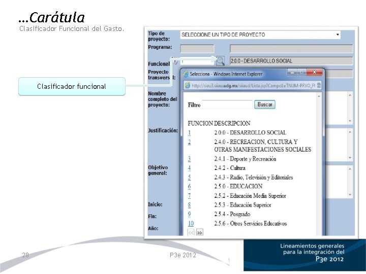 …Carátula Clasificador Funcional del Gasto. Clasificador funcional 28 P 3 e 2012 