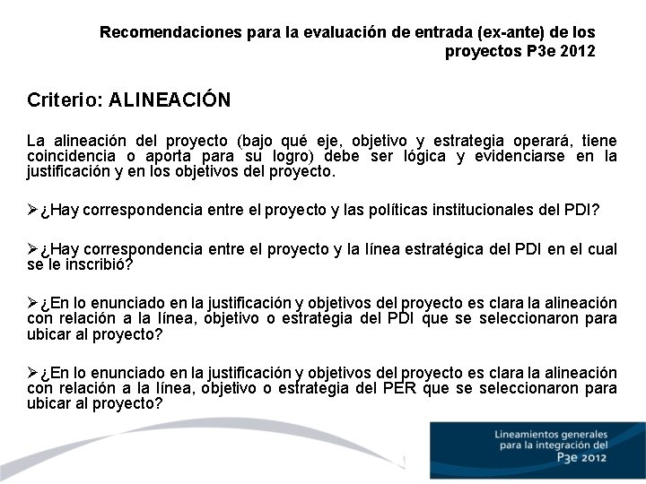 Recomendaciones para la evaluación de entrada (ex-ante) de los proyectos P 3 e 2012