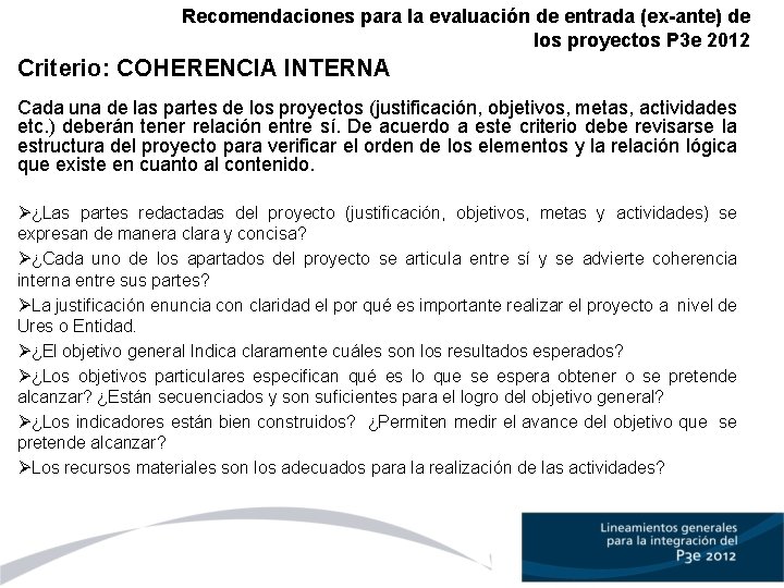 Recomendaciones para la evaluación de entrada (ex-ante) de los proyectos P 3 e 2012