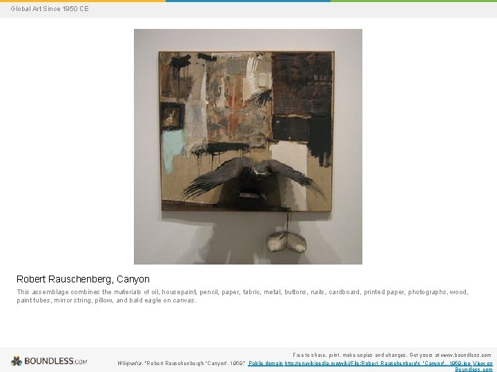 Global Art Since 1950 CE Robert Rauschenberg, Canyon This assemblage combines the materials of