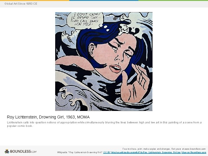 Global Art Since 1950 CE Roy Lichtenstein, Drowning Girl, 1963, MOMA Lichtenstein calls into