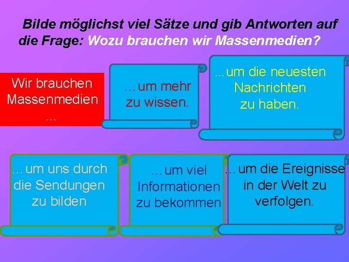 Bilde möglichst viel Sätze und gib Antworten auf die Frage: Wozu brauchen wir Massenmedien?