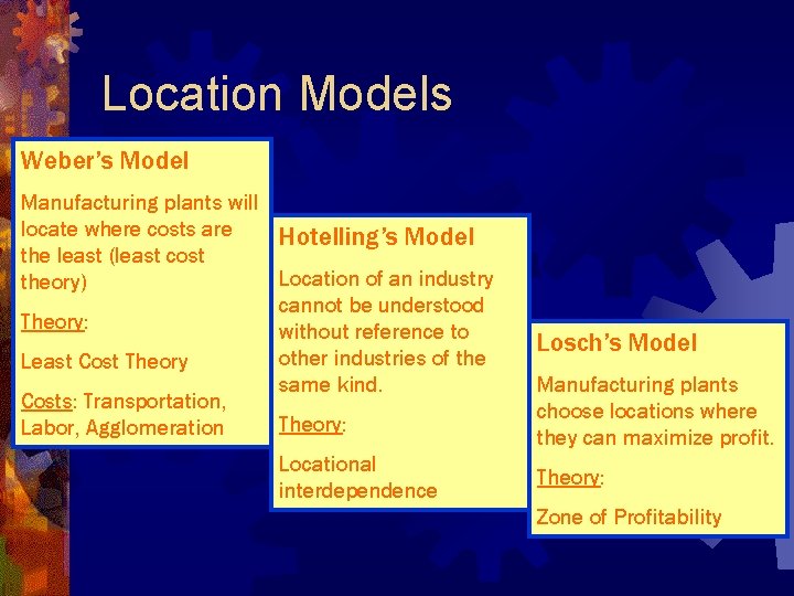 Location Models Weber’s Model Manufacturing plants will locate where costs are Hotelling’s Model the