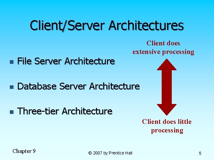 Client/Server Architectures Client does extensive processing n File Server Architecture n Database Server Architecture