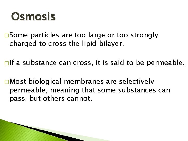Osmosis � Some particles are too large or too strongly charged to cross the
