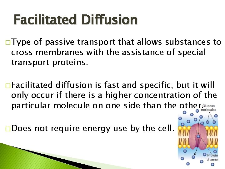 Facilitated Diffusion � Type of passive transport that allows substances to cross membranes with