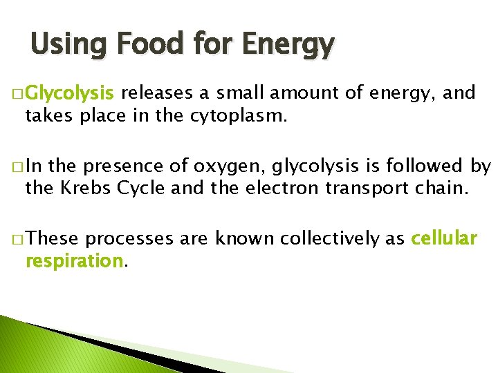 Using Food for Energy � Glycolysis releases a small amount of energy, and takes