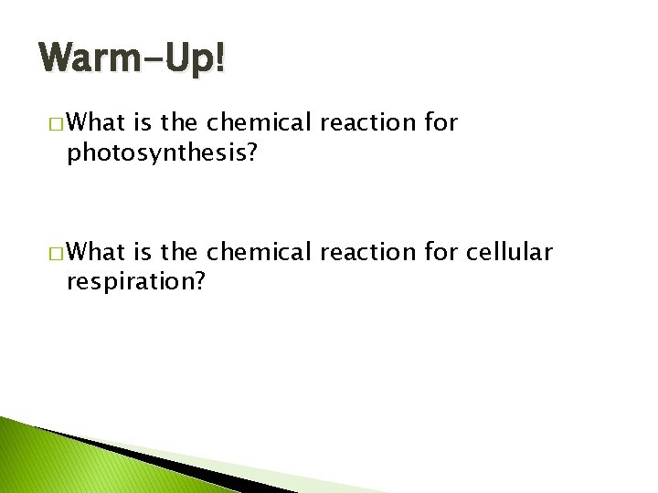Warm-Up! � What is the chemical reaction for photosynthesis? � What is the chemical