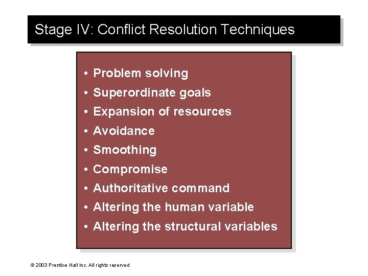 Stage IV: Conflict Resolution Techniques • Problem solving • Superordinate goals • Expansion of