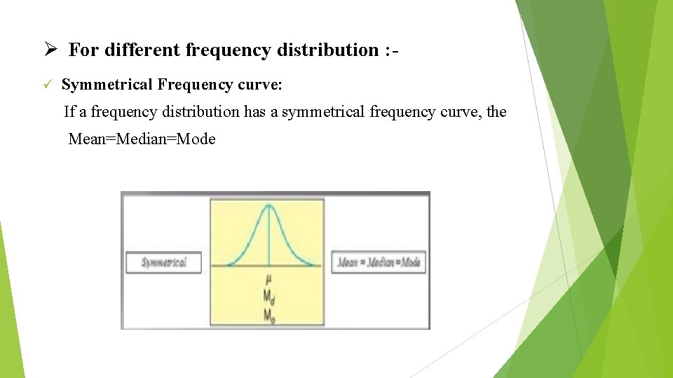 Ø For different frequency distribution : ü Symmetrical Frequency curve: If a frequency distribution