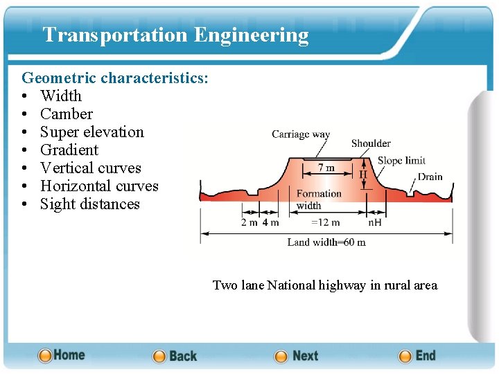 Transportation Engineering Geometric characteristics: • Width • Camber • Super elevation • Gradient •