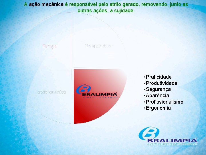 A ação mecânica é responsável pelo atrito gerado, removendo, junto as outras ações, a