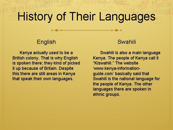 History of Their Languages English Swahili Kenya actually used to be a British colony.