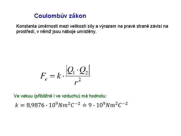 Coulombův zákon Konstanta úměrnosti mezi velikostí síly a výrazem na pravé straně závisí na