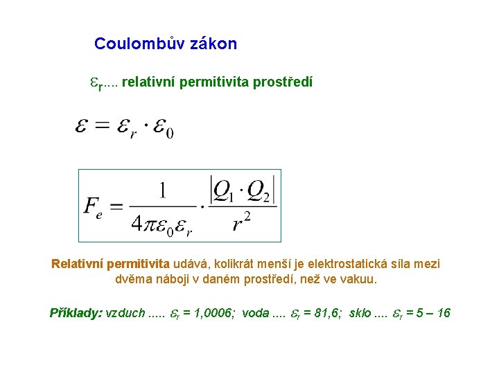 Coulombův zákon er. . relativní permitivita prostředí Relativní permitivita udává, kolikrát menší je elektrostatická