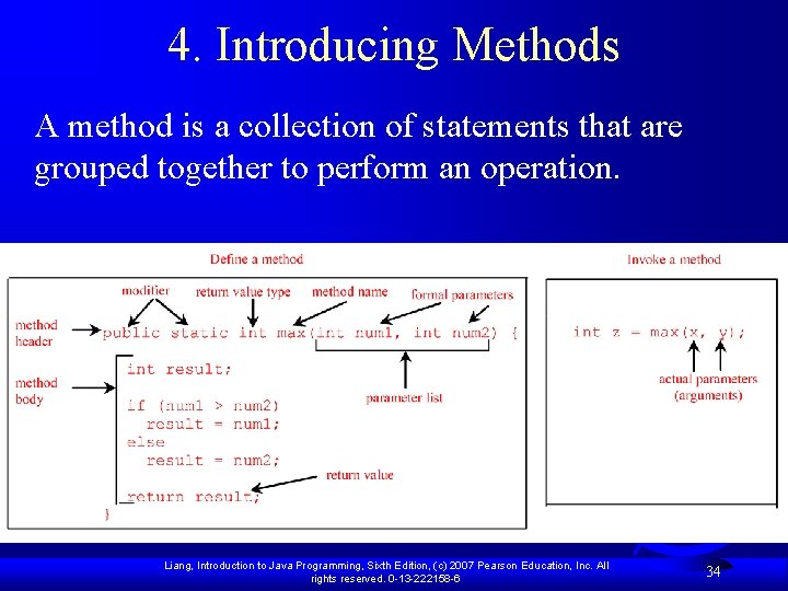 4. Introducing Methods A method is a collection of statements that are grouped together