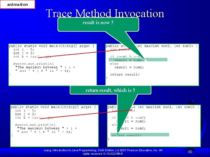 animation Trace Method Invocation result is now 5 return result, which is 5 Liang,