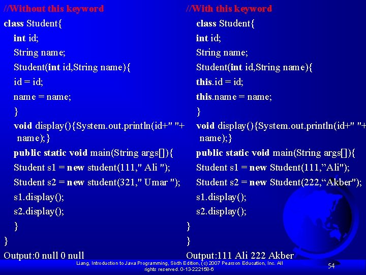 //Without this keyword //With this keyword class Student{ int id; String name; Student(int id,