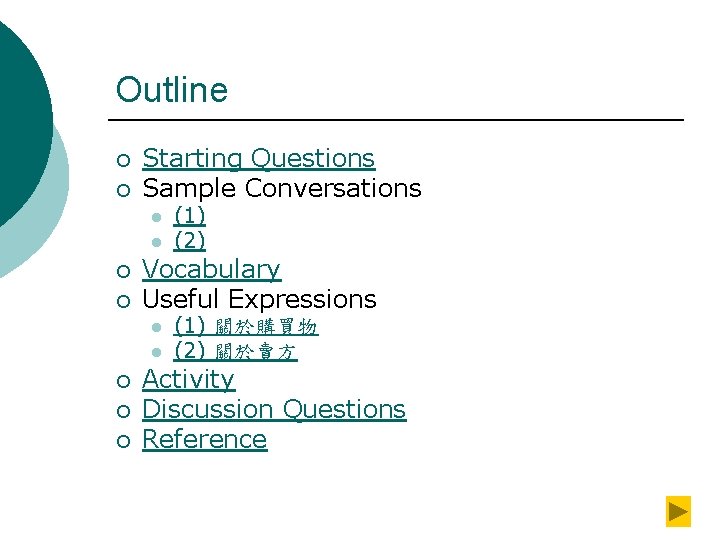 Outline ¡ ¡ Starting Questions Sample Conversations l l ¡ ¡ Vocabulary Useful Expressions