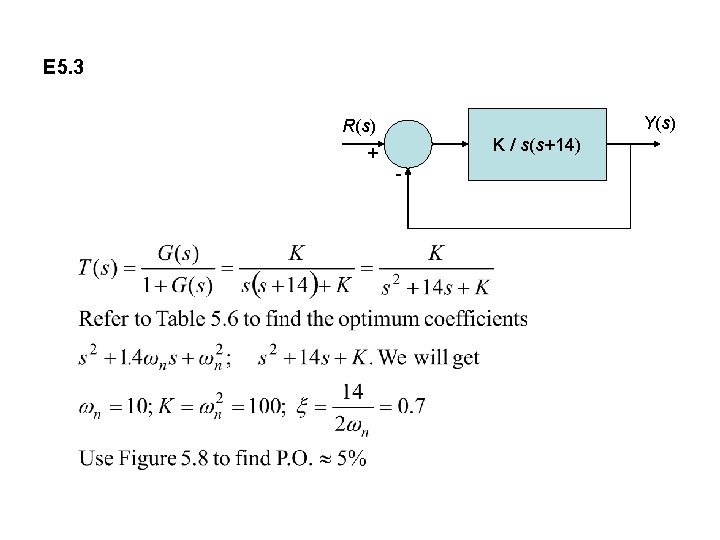 E 5. 3 Y(s) R(s) K / s(s+14) + - 