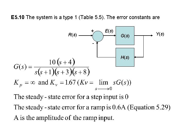 E 5. 10 The system is a type 1 (Table 5. 5). The error