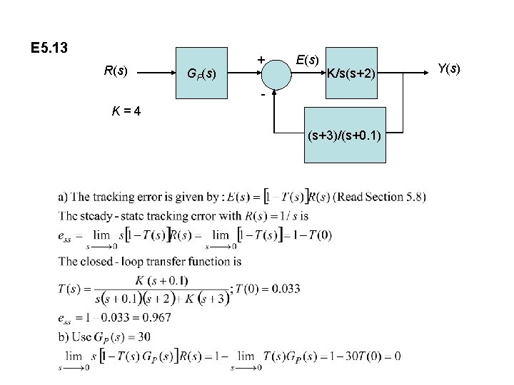 E 5. 13 R(s) GP(s) + E(s) K/s(s+2) K=4 (s+3)/(s+0. 1) Y(s) 