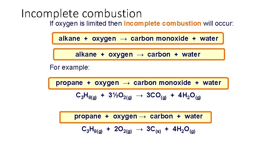 Incomplete combustion If oxygen is limited then incomplete combustion will occur: alkane + oxygen