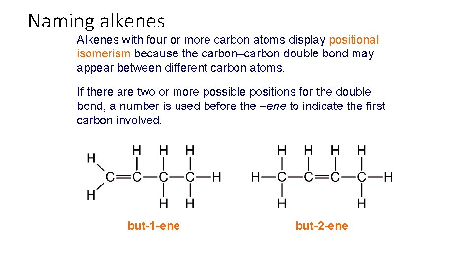 Naming alkenes Alkenes with four or more carbon atoms display positional isomerism because the