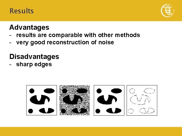 Results Advantages - results are comparable with other methods - very good reconstruction of