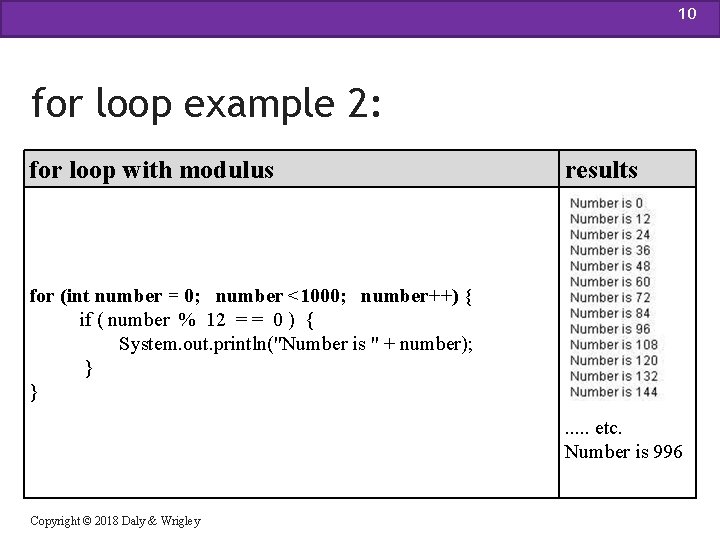 10 for loop example 2: for loop with modulus results for (int number =