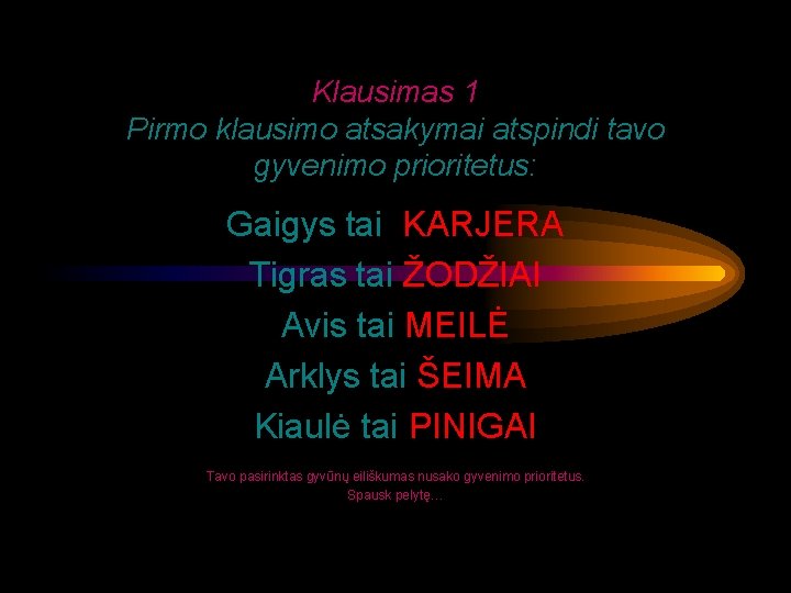 Klausimas 1 Pirmo klausimo atsakymai atspindi tavo gyvenimo prioritetus: Gaigys tai KARJERA Тigras tai