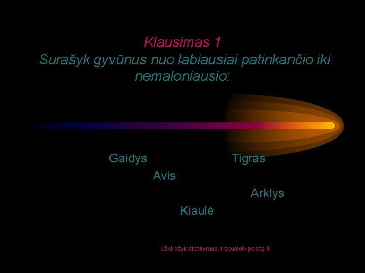 Klausimas 1 Surašyk gyvūnus nuo labiausiai patinkančio iki nemaloniausio: Gaidys Tigras Avis Arklys Kiaulė