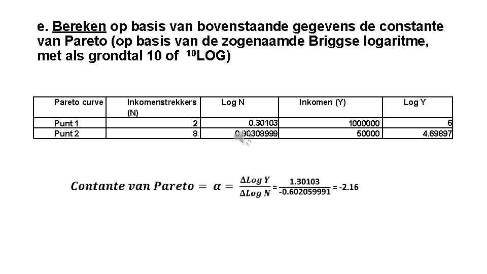 e. Bereken op basis van bovenstaande gegevens de constante van Pareto (op basis van