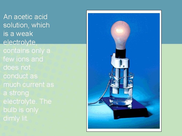 An acetic acid solution, which is a weak electrolyte, contains only a few ions