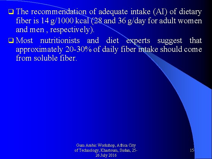 q The recommendation of adequate intake (AI) of dietary fiber is 14 g/1000 kcal