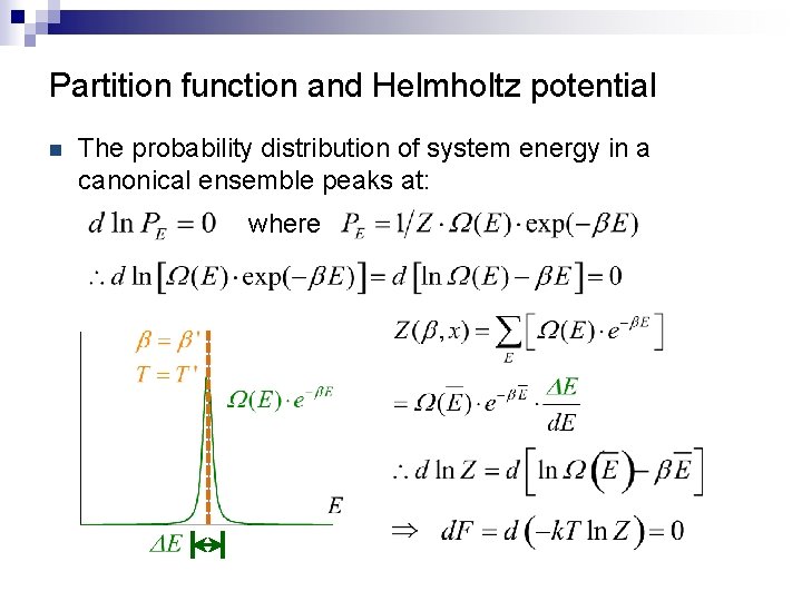 Partition function and Helmholtz potential n The probability distribution of system energy in a