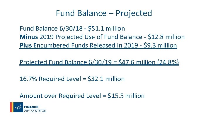 Fund Balance – Projected Fund Balance 6/30/18 - $51. 1 million Minus 2019 Projected
