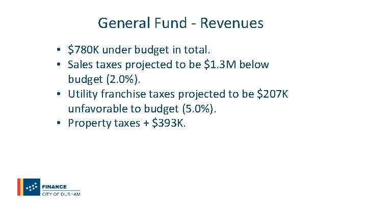 General Fund - Revenues • $780 K under budget in total. • Sales taxes