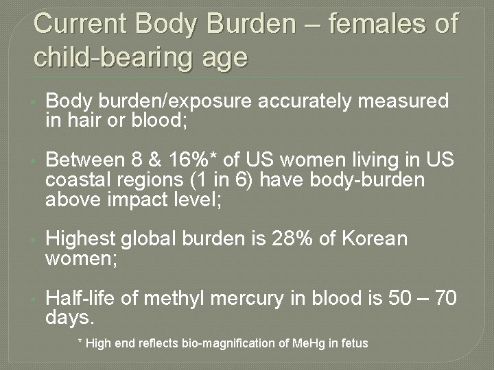 Current Body Burden – females of child-bearing age § Body burden/exposure accurately measured in