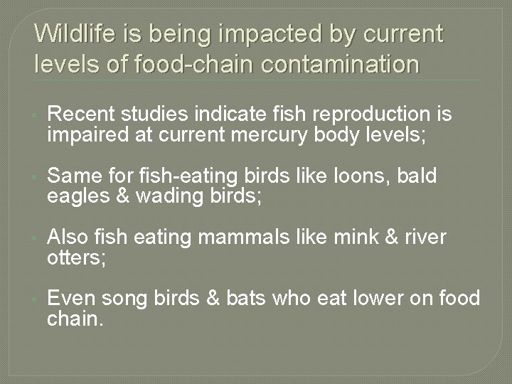 Wildlife is being impacted by current levels of food-chain contamination § Recent studies indicate